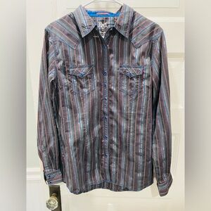 Wrangler Women’s Rock 47 Striped Shirt with Red and Blue Highlights, Large